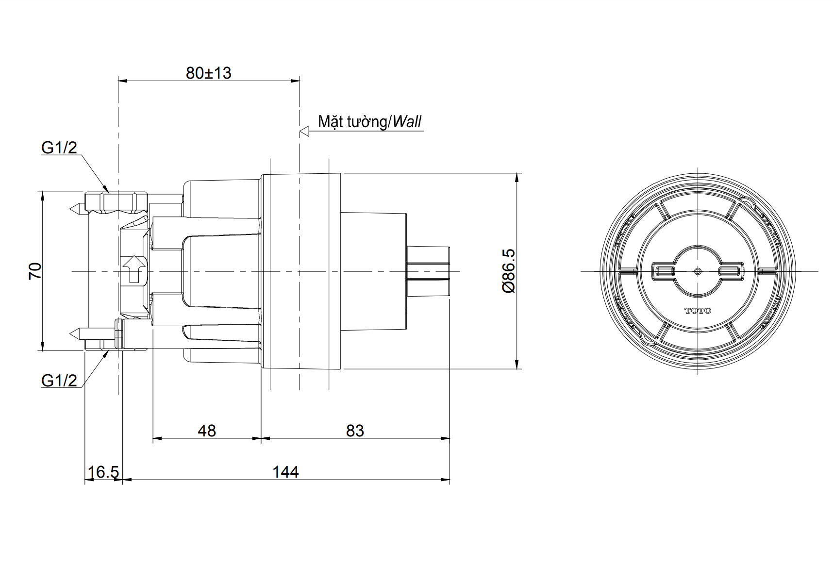 Bản vẽ kỹ thuật phụ kiện âm tường cho van chuyển hướng TOTO TBN01103B (3 đường nước ra)