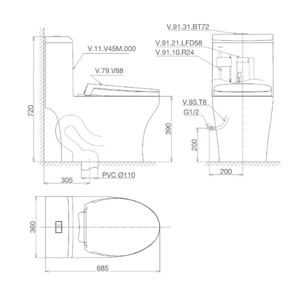 Bản vẽ kỹ thuật bồn cầu 1 khối Viglacera V45M nắp êm xả xoáy (+ vòi xịt VG826 & van VG853)