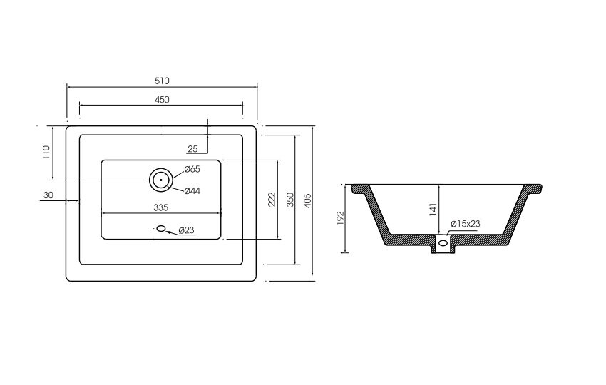 Bản vẽ kỹ thuật chậu rửa lavabo âm bàn SW50730