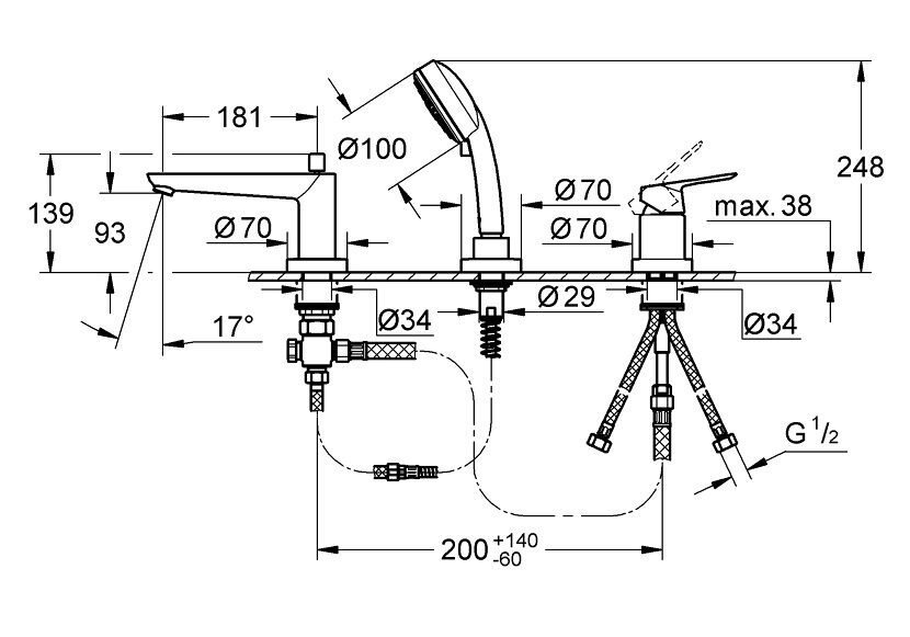 Bản vẽ kỹ thuật vòi bồn tắm đặt sàn Eurocube Grohe 2511700A