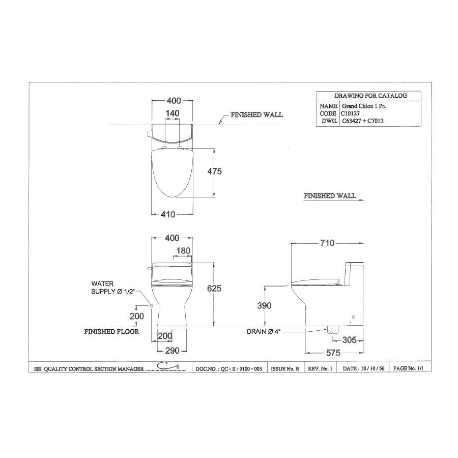 Bản vẽ kỹ thuật bồn cầu 1 khối COTTO C10127 nắp đóng êm Grand Chloe