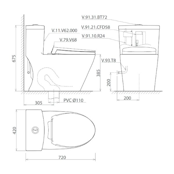 Bản vẽ kỹ thuật bồn cầu 1 khối Viglacera V62 nắp êm (+ vòi xịt VG826 & van VG853)