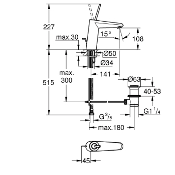 Bản vẽ kỹ thuật vòi chậu nóng lạnh 23427000 Grohe