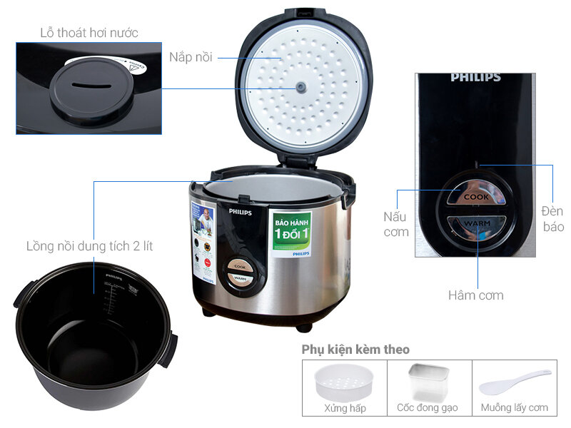 Nồi cơm điện Philips 2 lít HD3128/66 Bạc