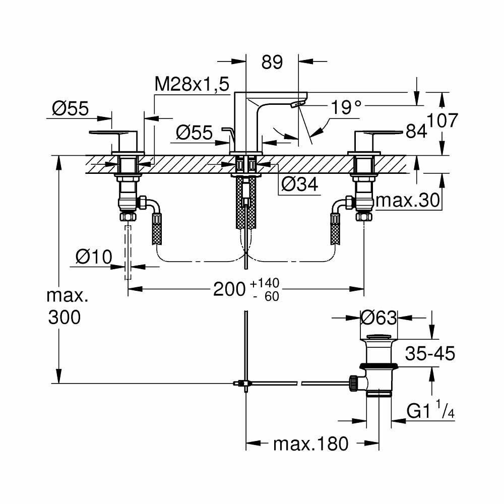 Bản vẽ kỹ thuật vòi chậu nóng lạnh 3 lỗ Eurosmart Cosmopolitan GROHE 20187000