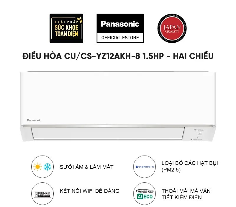 Điều hòa Panasonic Inverter 2 chiều 12000 BTU CU/CS-YZ12AKH-8 gas R-32 Điều hòa Panasonic Inverter 2 chiều 12000 BTU CU/CS-YZ12AKH-8 gas R-32