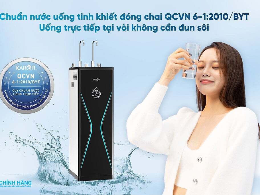 Máy lọc nước nóng lạnh Karofi KAD-D528 tạo ra nguồn nước uống đạt chuẩn nước uống tinh khiết đóng chai Máy lọc nước nóng lạnh Karofi KAD-D528 tạo ra nguồn nước uống đạt chuẩn nước uống tinh khiết đóng chai