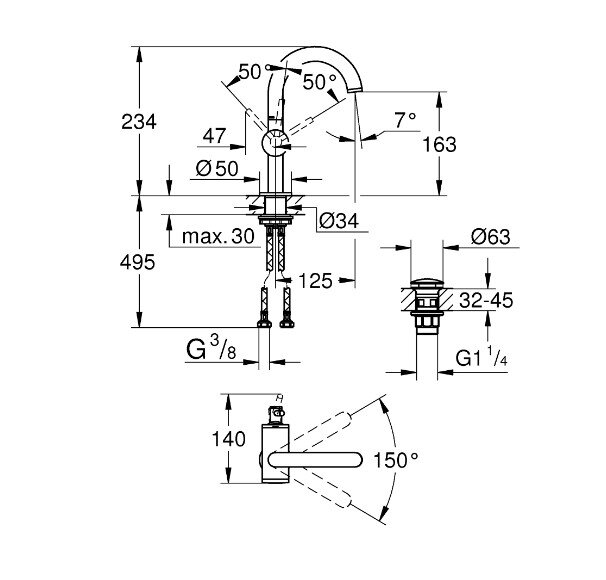 Bản vẽ kỹ thuật vòi chậu nóng lạnh Atrio GROHE 32043003