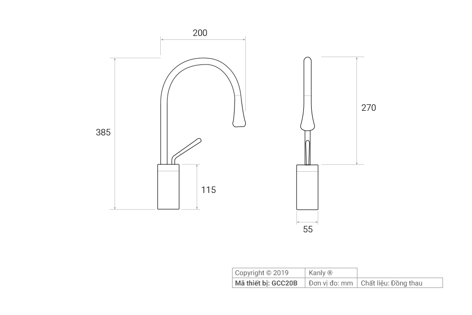 Kích thước vòi chậu Kanly thân cao nóng lạnh GCC20B