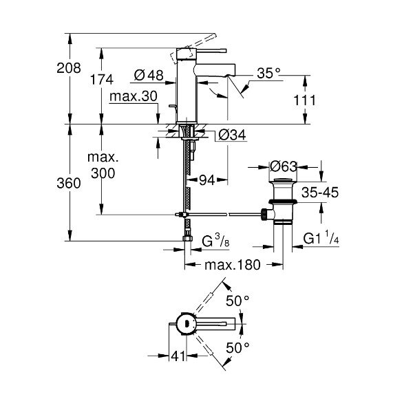 Bản vẽ kỹ thuật vòi chậu nóng lạnh 32898001 Grohe