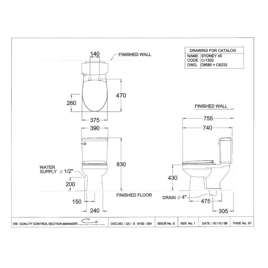 Bản vẽ kỹ thuật bồn cầu 2 khối COTTO C1302 nắp đóng êm Sydney 45