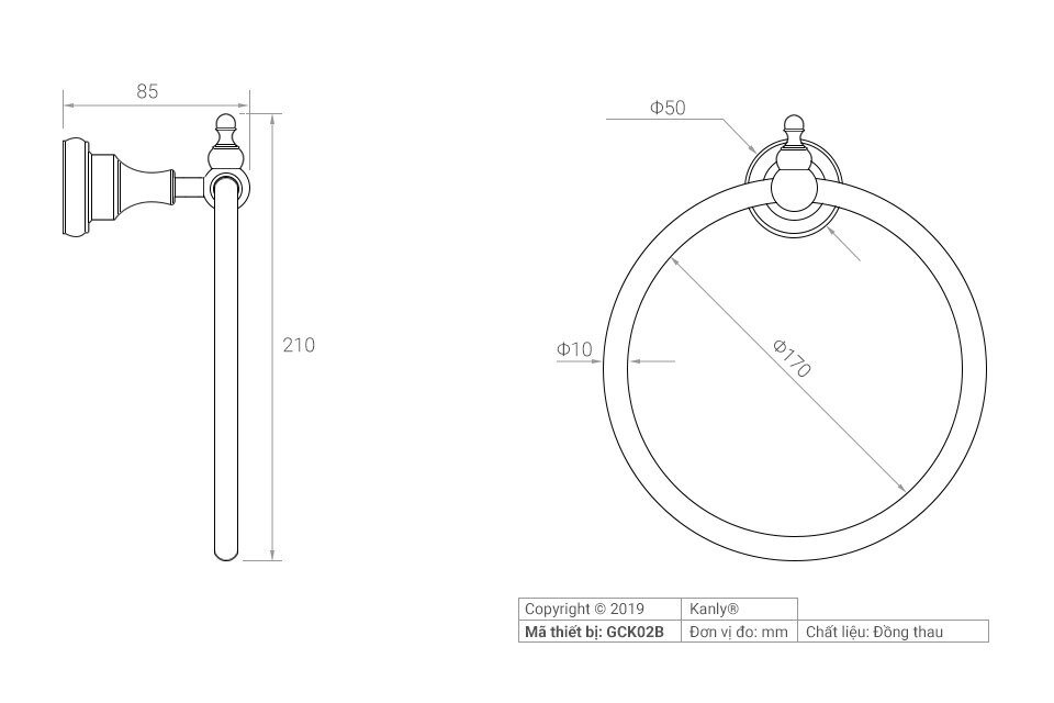 Vòng treo khăn bằng đồng Kanly GCB02B