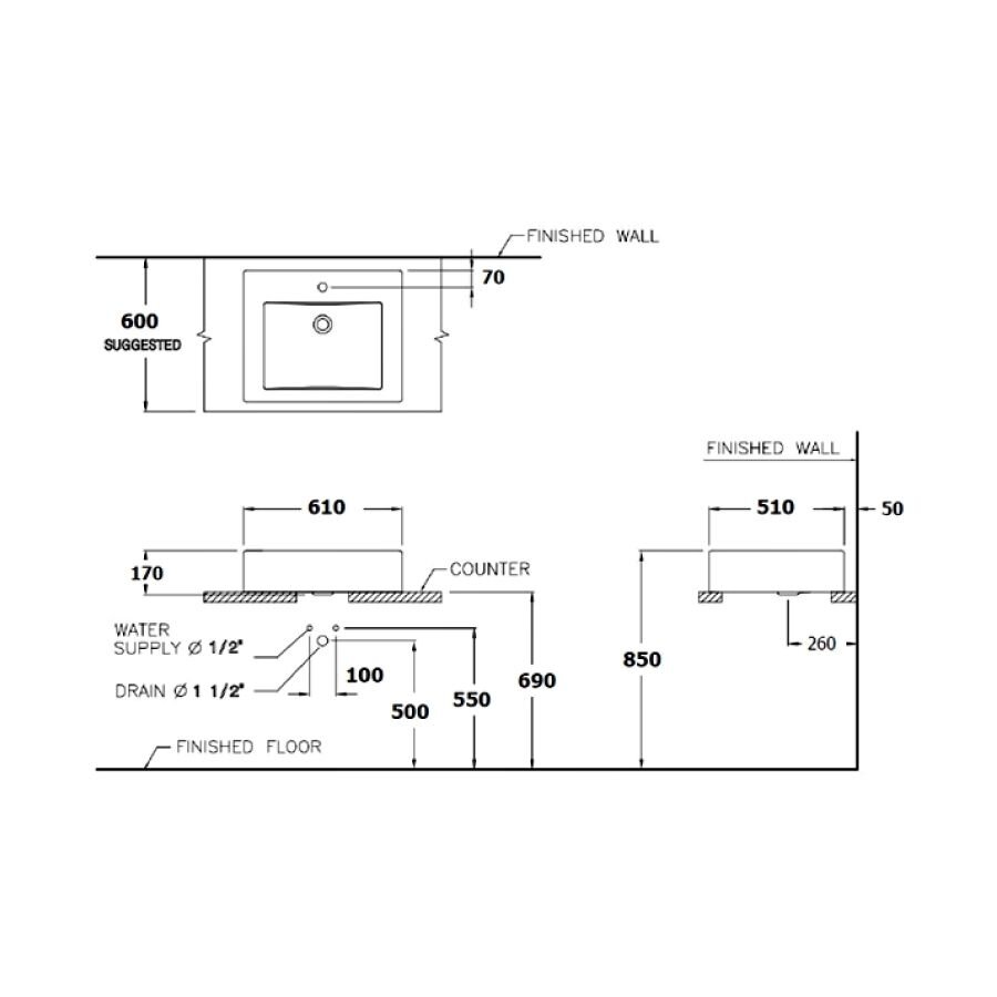 Bản vẽ kỹ thuật chậu rửa lavabo COTTO C0005 đặt trên bàn Kate