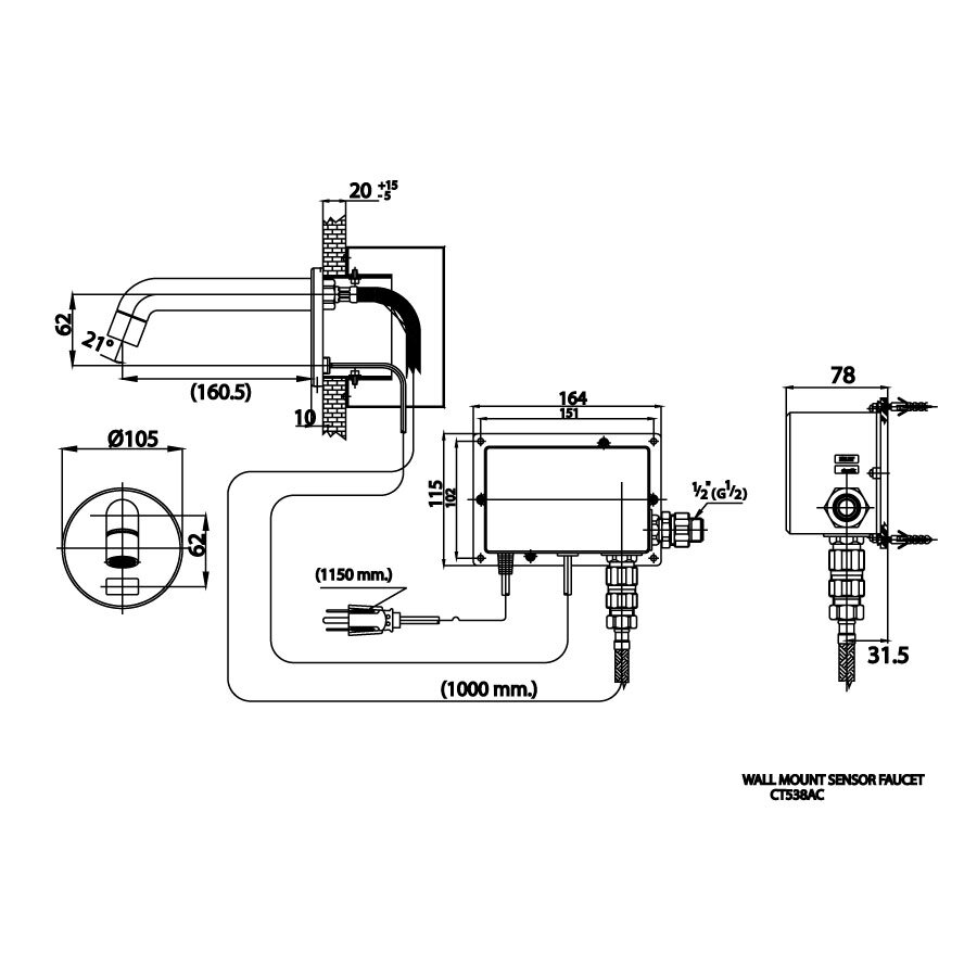 Bản vẽ kỹ thuật vòi chậu lavabo COTTO CT538AC cảm ứng nước lạnh gắn tường dùng điện