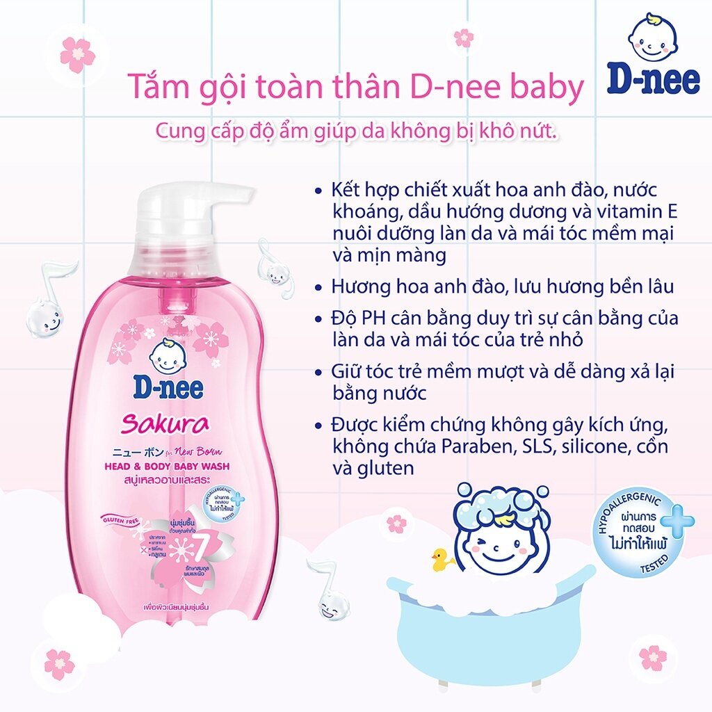 Sữa tắm gội Dnee 380ml hương hoa anh đào thơm mát cho bé yêu