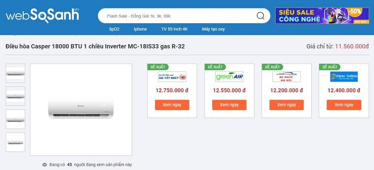 Giá điều hòa Casper 1 chiều Inverter MC-18IS33 18000BTU gas R – 32
