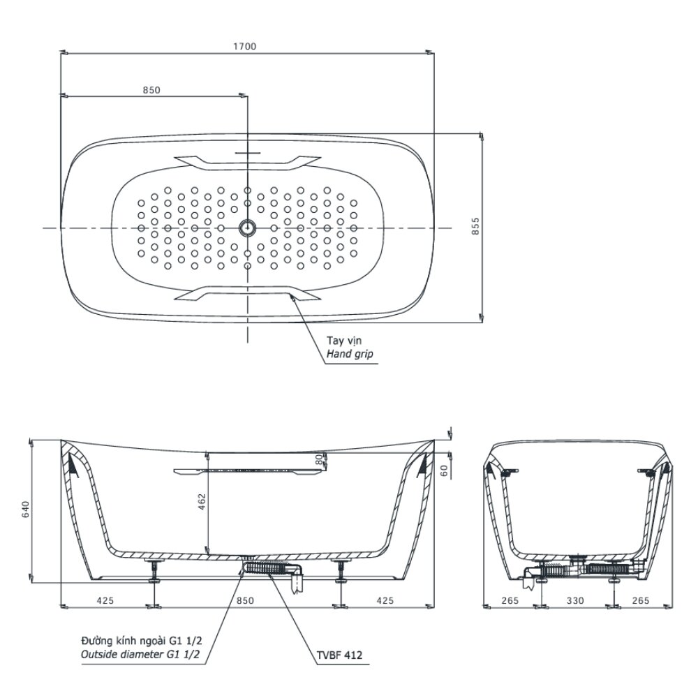 Bản vẽ kỹ thuật bồn tắm đặt sàn TOTO PJY1734HPWEN#GW GALALATO 1m7 tay vịn trắng bóng