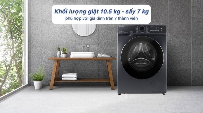 Toshiba TWD-T21BU115UWV(MG) sở hữu khối lượng giặt là 10,5kg, khối lượng sấy là 7kg