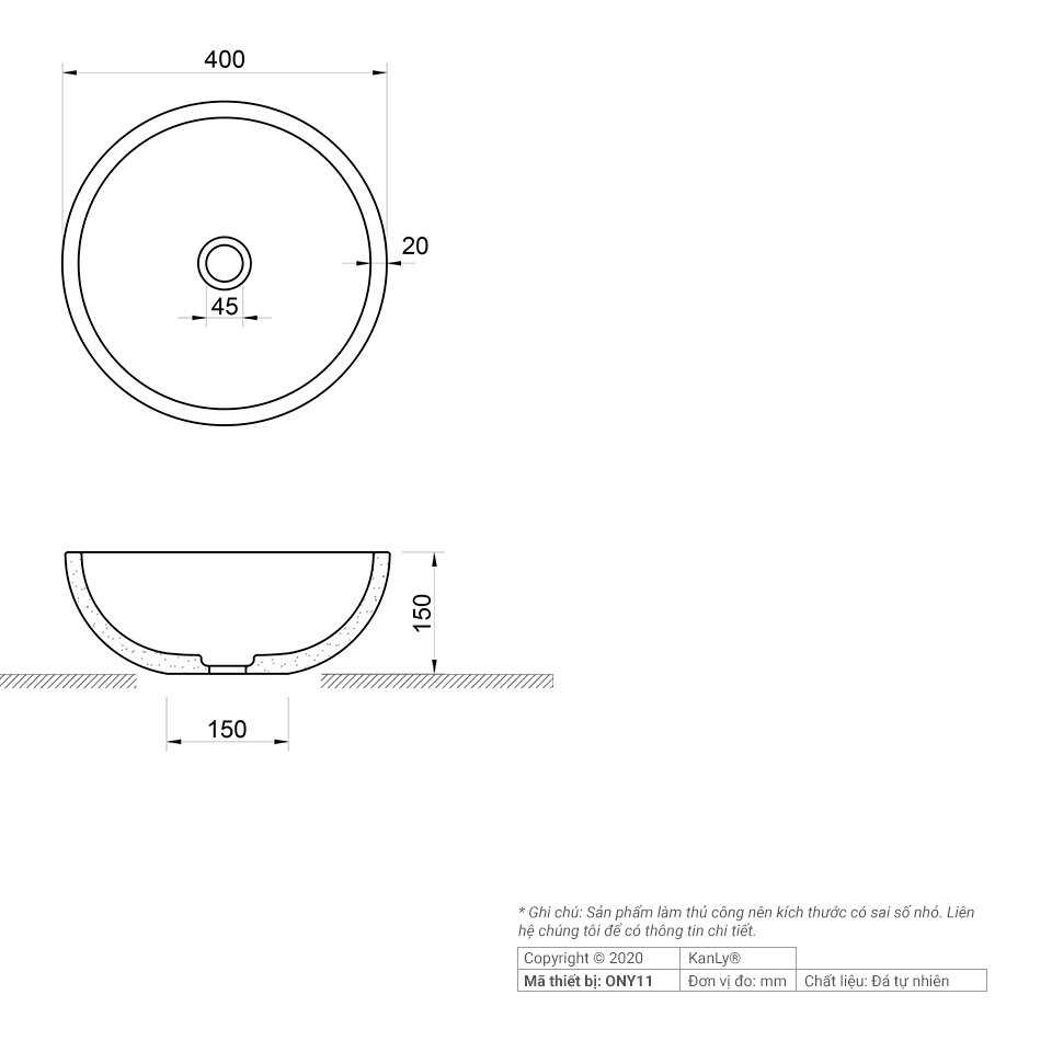 Bản vẽ kỹ thuật lavabo đá tự nhiên Kanly ONY11