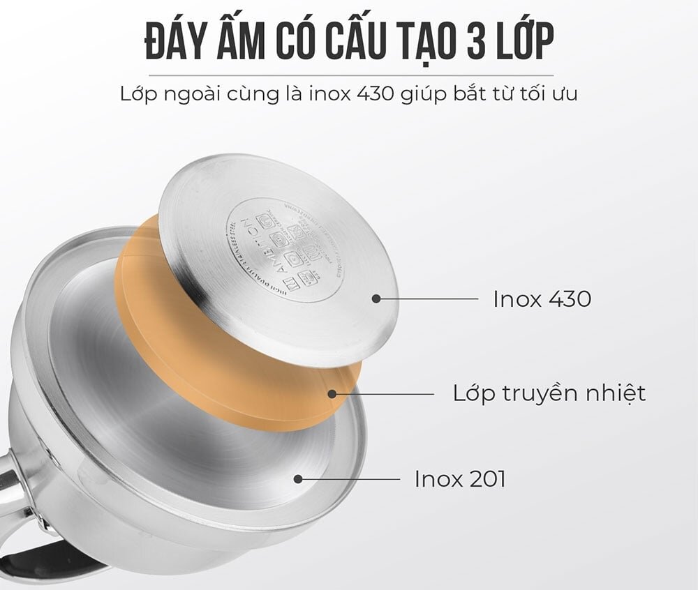 Ấm đun nước có đáy làm từ inox 430 Ấm đun nước cho bếp từ