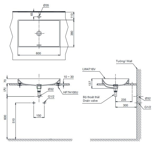 Bản vẽ kỹ thuật chậu rửa lavabo đặt bàn TOTO Linear Ceram LT4716G19