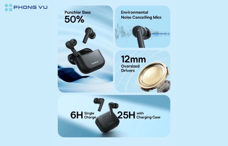 Âm thanh chất lượng cao với dải tần 20Hz - 20kHz, công nghệ TWS, bass mạnh mẽ, treble sắc nét, tái tạo âm thanh chân thực