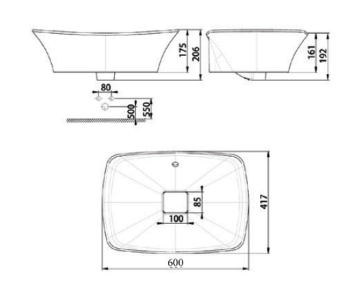 Bản vẽ kỹ thuật chậu rửa mặt lavabo đặt bàn AMERICAN STANDARD WP-F602