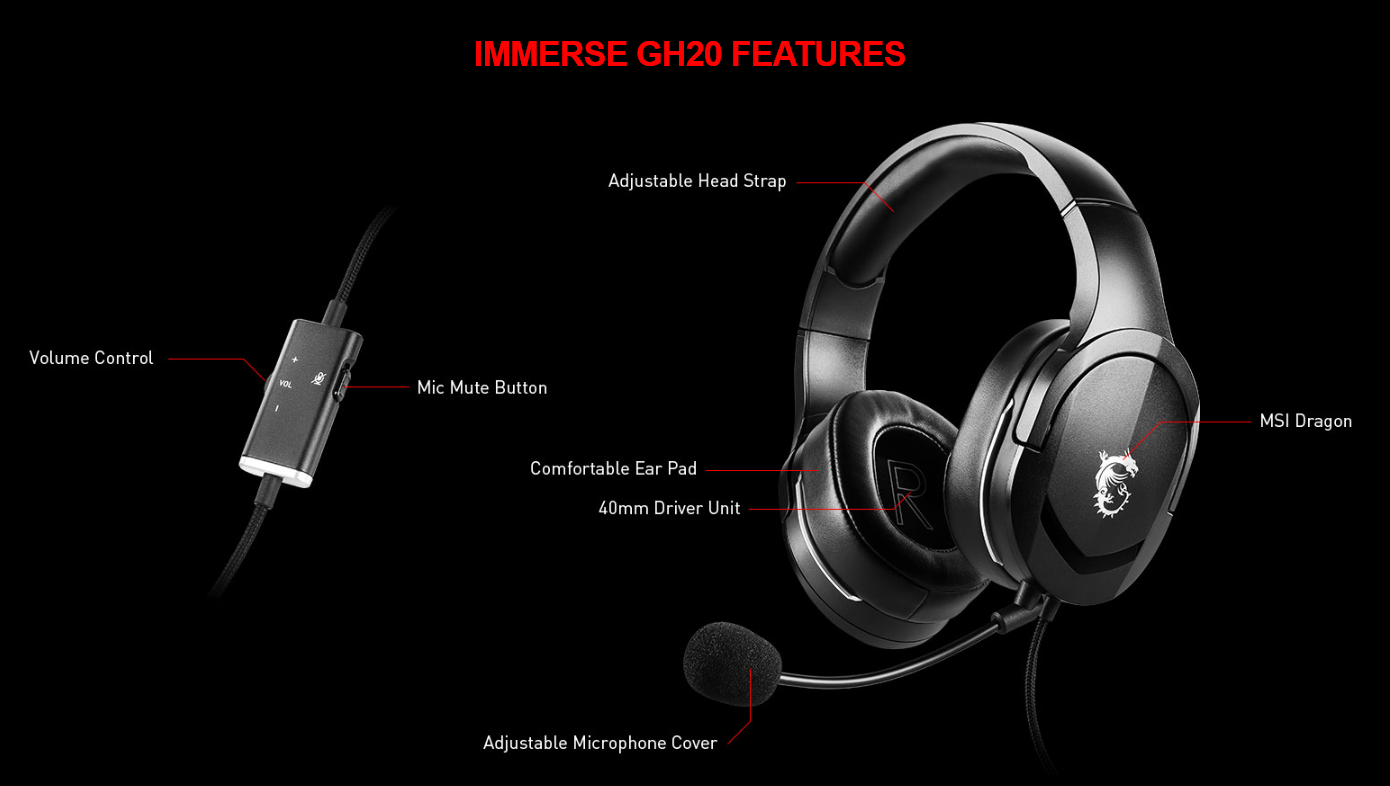 Tai nghe gaming có dây MSI Immerse GH20 (màu đen) 8