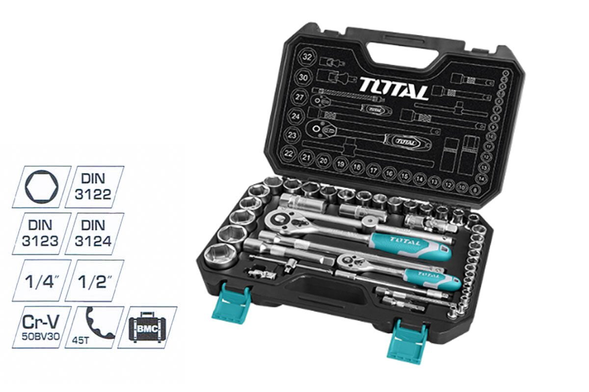 Bộ socket 44 chi tiết và cần siết 2 chiều Total THT421441