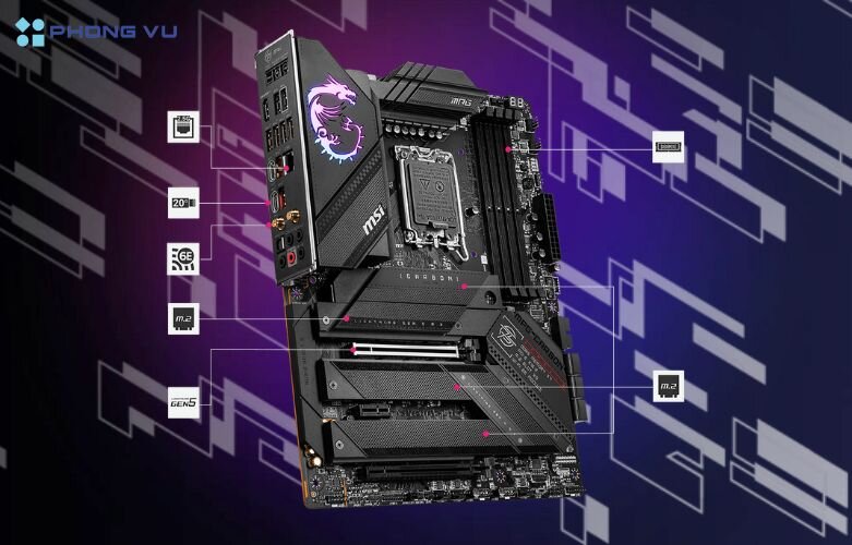 MSI MPG Z790 CARBON WIFI sở hữu 5 khe M.2 tốc độ cao với công nghệ Lightning Gen 5 x4 M.2 và hỗ trợ PCIe 5.0