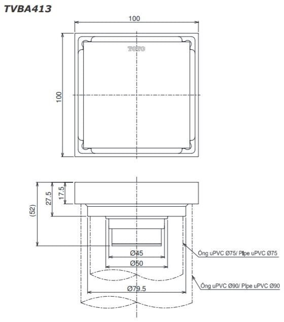 Bản vẽ kích thước phễu thoát sàn Phễu thoát sàn