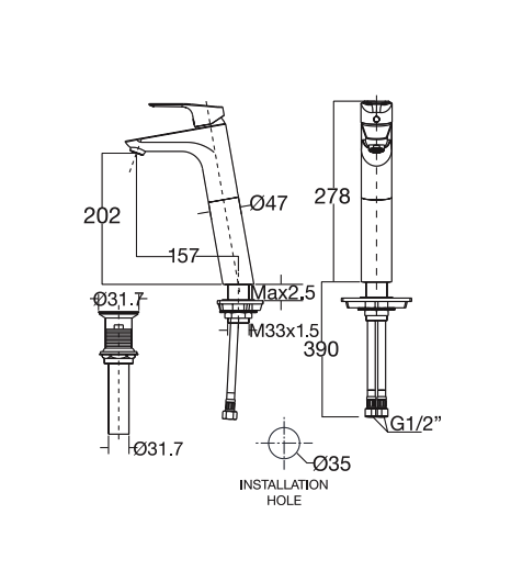 Bản vẽ kỹ thuật vòi lavabo nóng lạnh American Standard cổ cao WF-0303