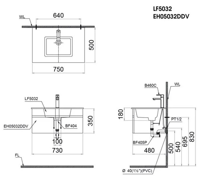 Bản vẽ kỹ thuật bộ tủ chậu rửa mặt Caesar LF5032/EH05032DDV treo tường