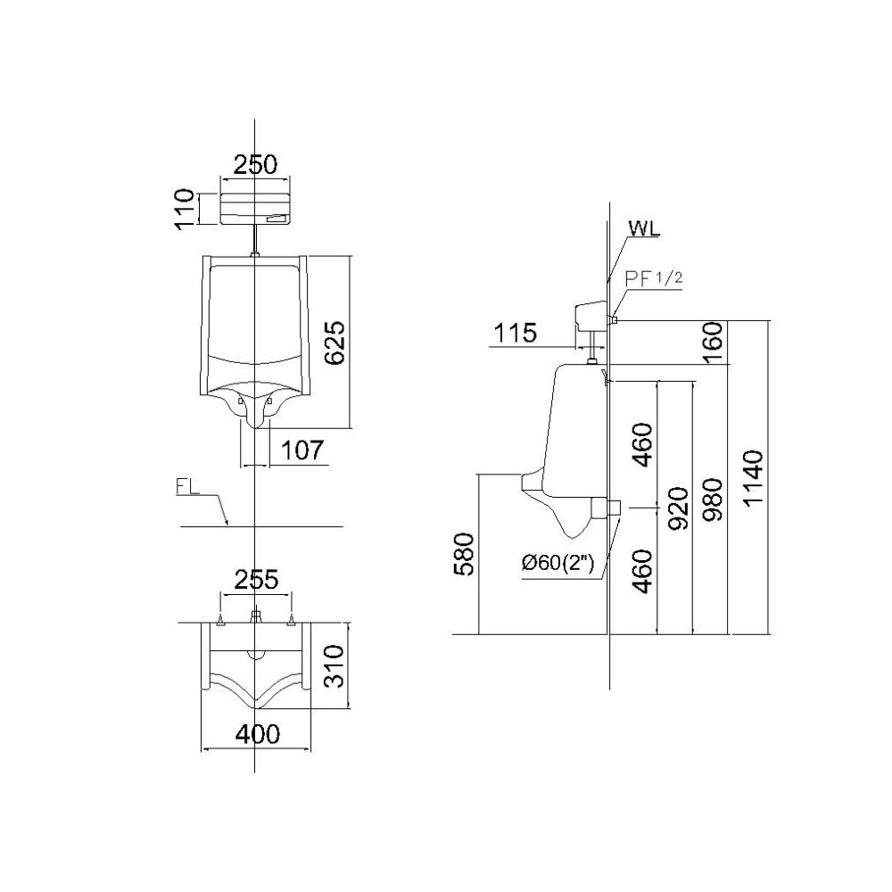 Bản vẽ kỹ thuật của bồn tiểu nam treo tường kèm van xả cảm ứng Caesar U0240+A623