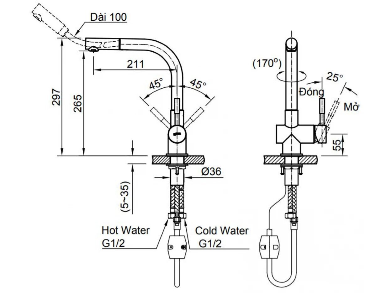 Kích thước vòi bếp Inax SFV-1013SX Vòi bếp Inax SFV-1013SX