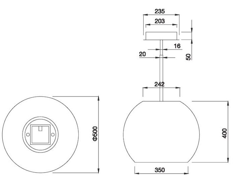 Kích thước lắp đặt máy hút mùi Malloca SPHERA CHROME I001C
