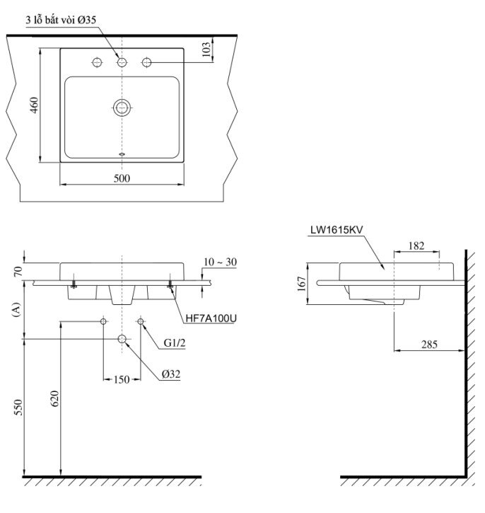 Bản vẽ bồn lavabo rửa mặt TOTO đặt bàn LT 1615K#MW