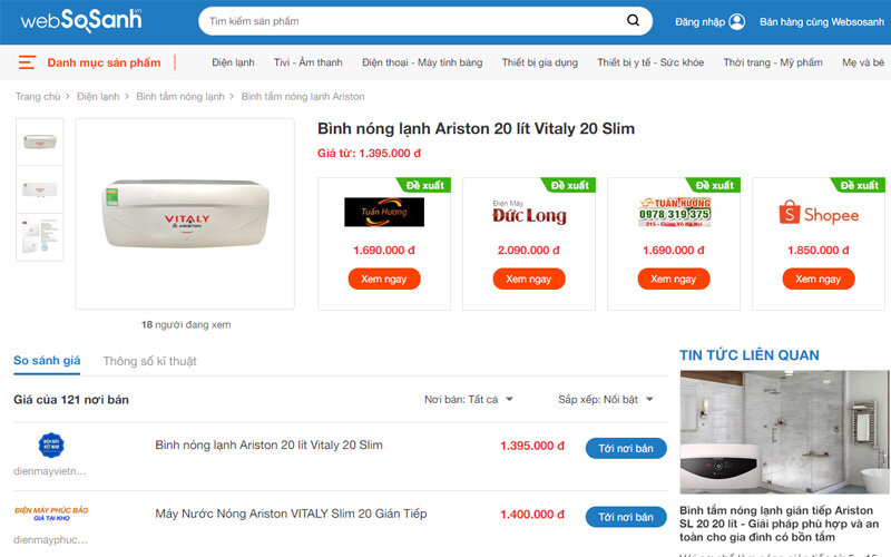Bình nóng lạnh Ariston 20 lít Vitaly 20 Slim