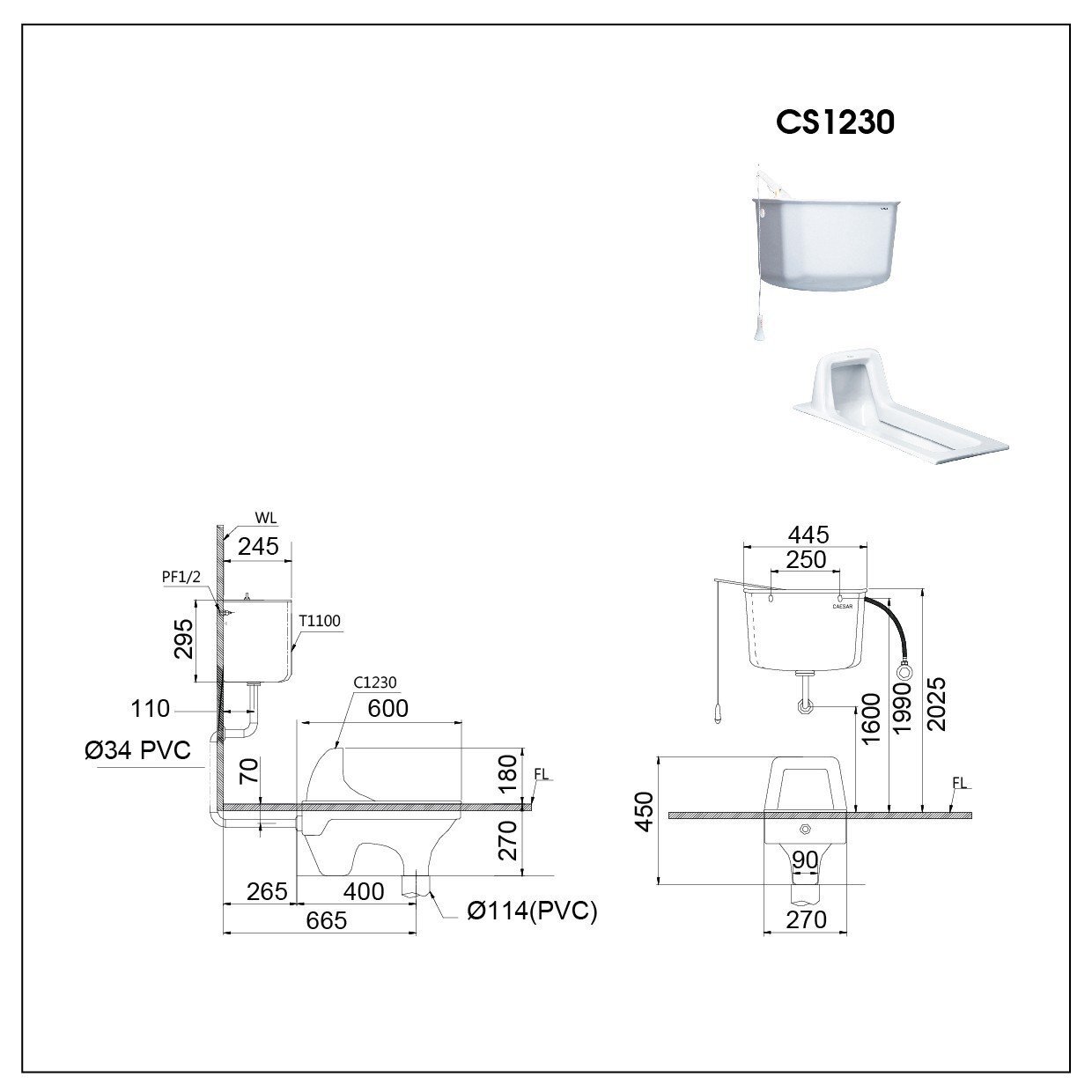 Bản vẽ kỹ thuật bàn cầu xổm CS1230-PW Caesar