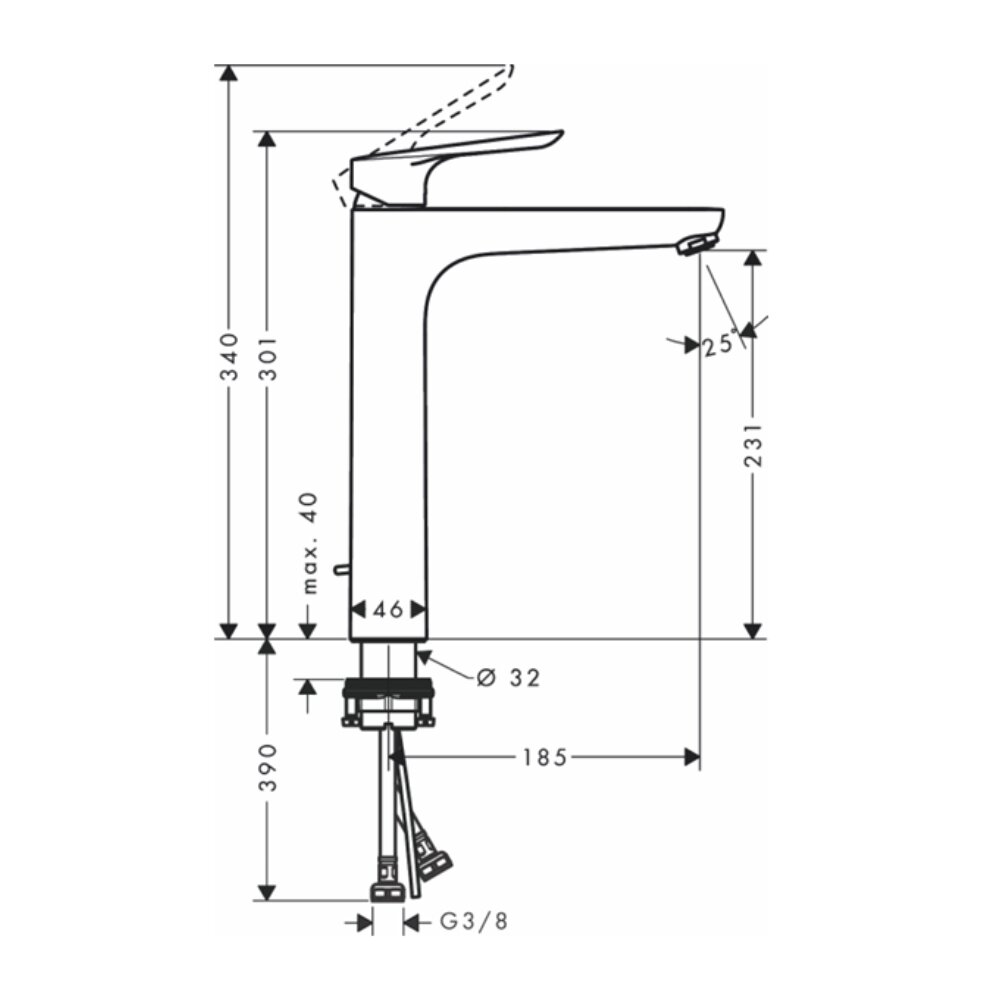 Bản vẽ kỹ thuật của vòi chậu lavabo nóng lạnh Logis E 230 Hansgrohe 71162000