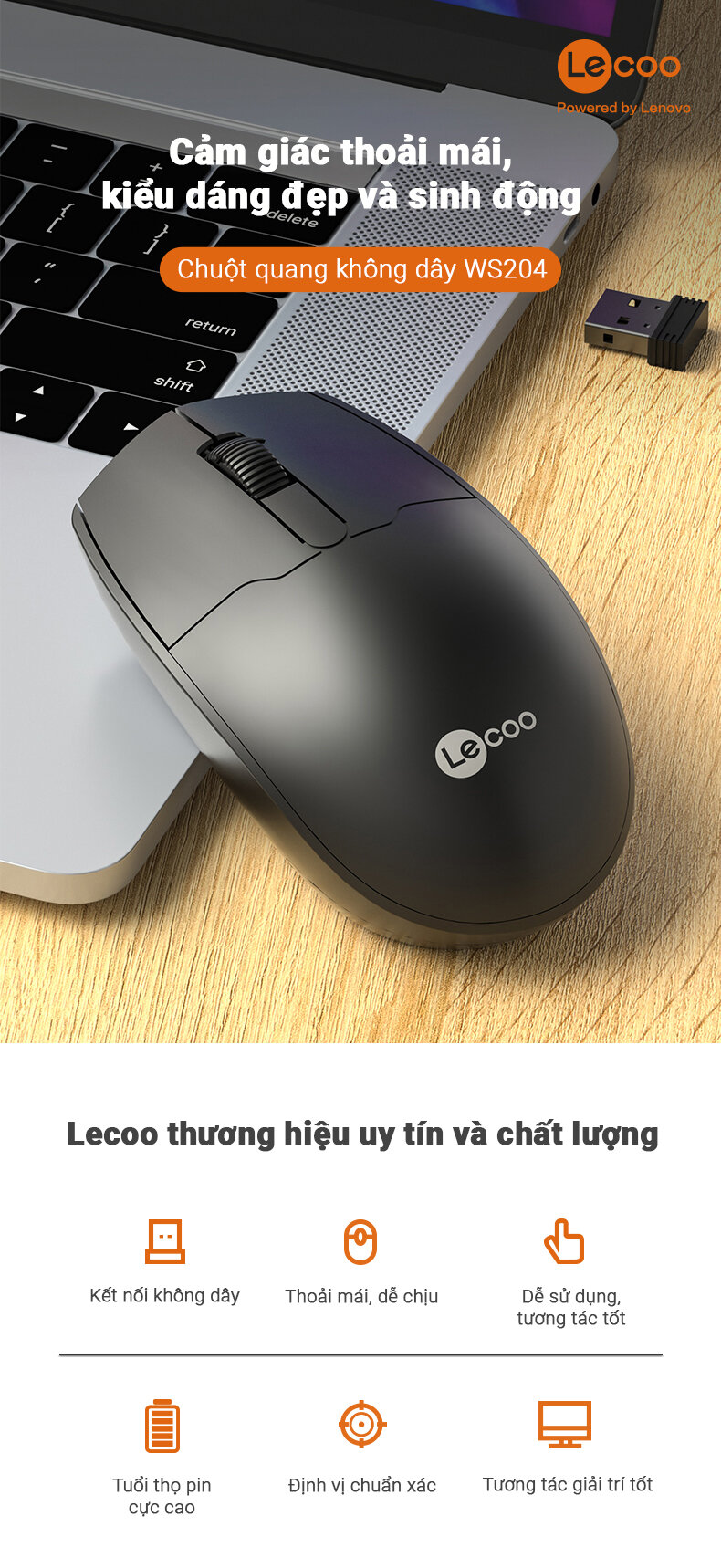 Chuột không dây Lecoo WS204 (USB)