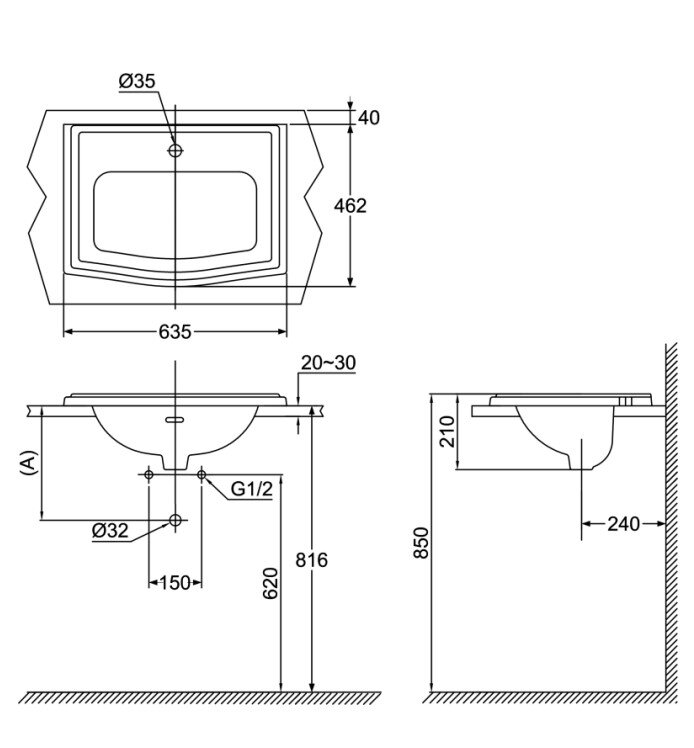 Bản vẽ kỹ thuật chậu rửa Lavabo TOTO dương vành LW781CJ 