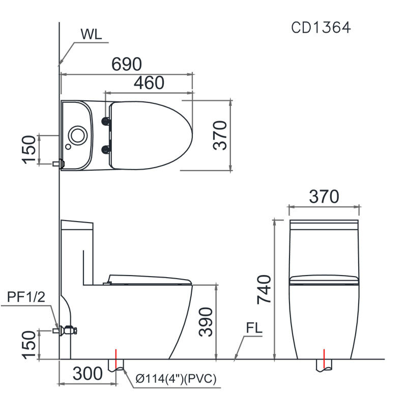 Bản vẽ kỹ thuật bồn cầu Caesar C1364