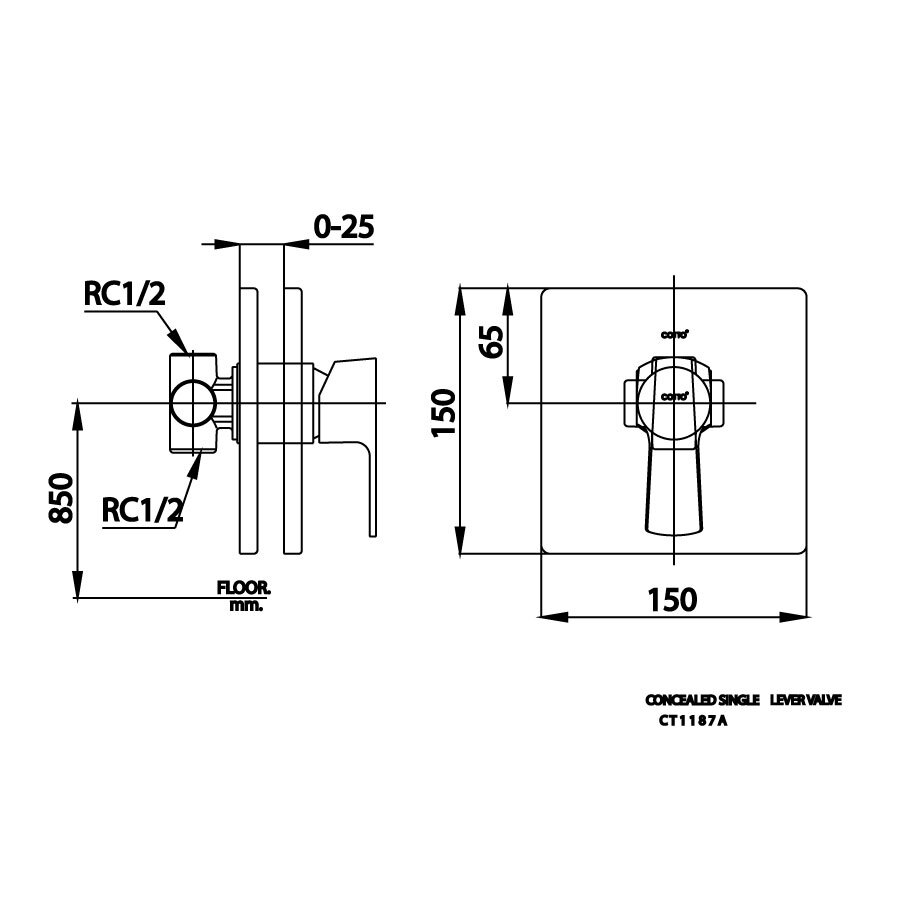 Bản vẽ kỹ thuật van điều chỉnh âm tường COTTO lạnh CT1187A 1 đường nước