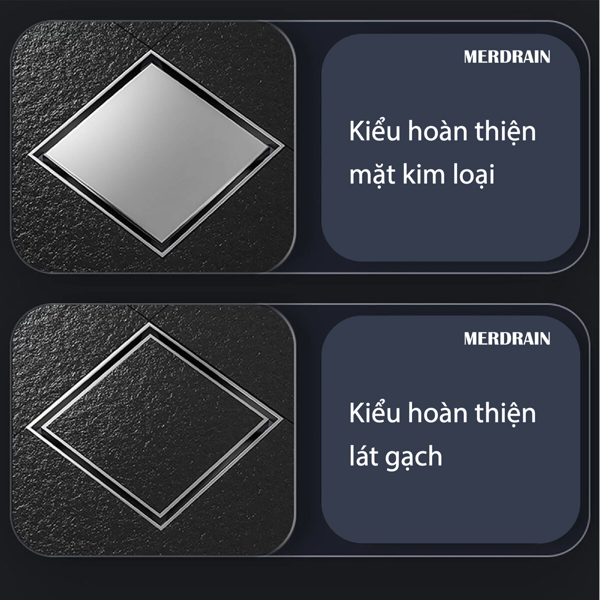 Phễu thoát sàn lát gạch 10x10cm MERDRAIN MD-S8012 2 kiểu hoàn thiện lắp đặt