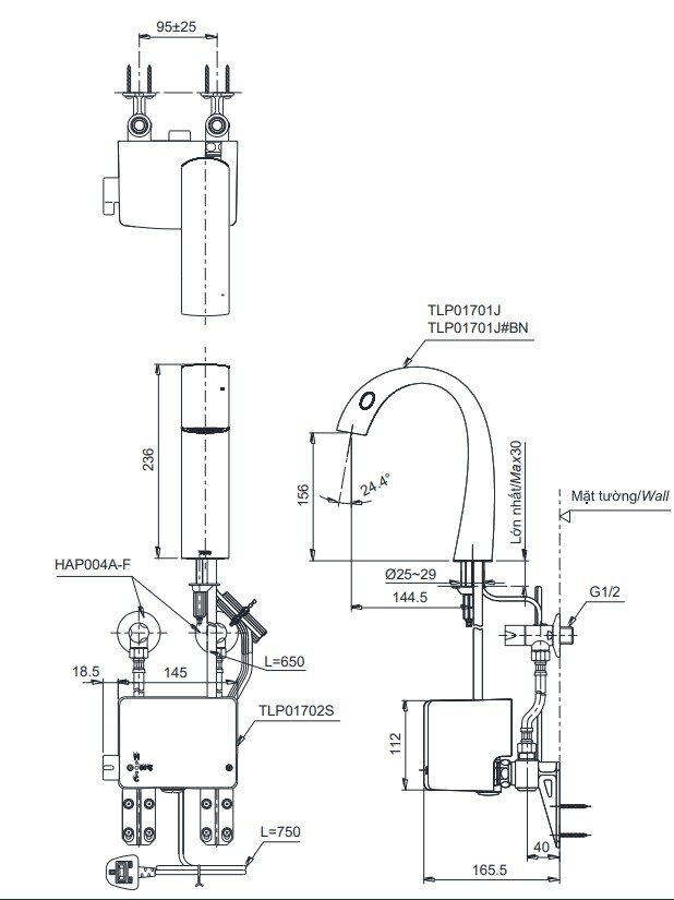 Bản vẽ vòi lavabo cảm ứng TOTO TLP01701J#BN