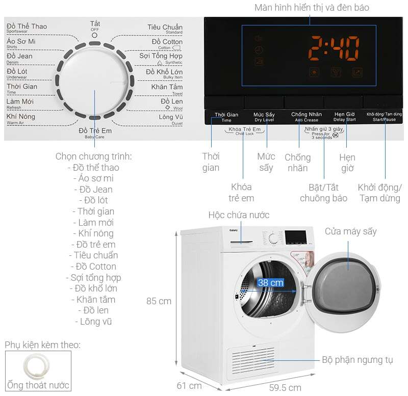 Tổng quan máy sấy ngưng tụ Galanz 8kg DC-80S5C Tổng quan máy sấy ngưng tụ Galanz 8kg DC-80S5C