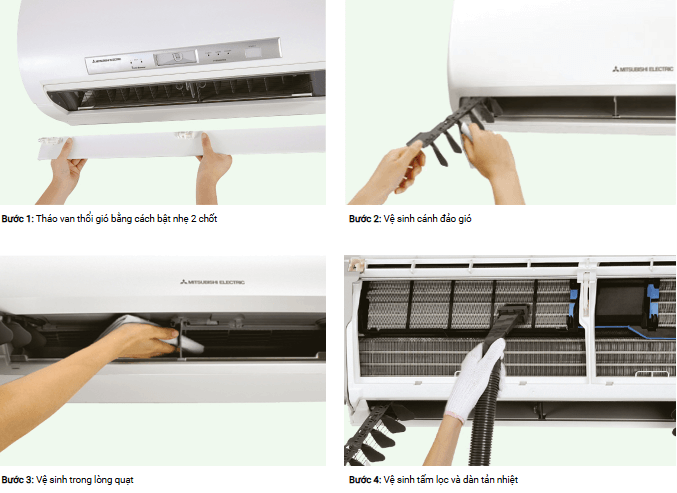 Các bước vệ sinh điều hòa 1 chiều Mitsubishi Electric MS/MU-JS25VF Các bước vệ sinh điều hòa 1 chiều Mitsubishi Electric MS/MU-JS25VF