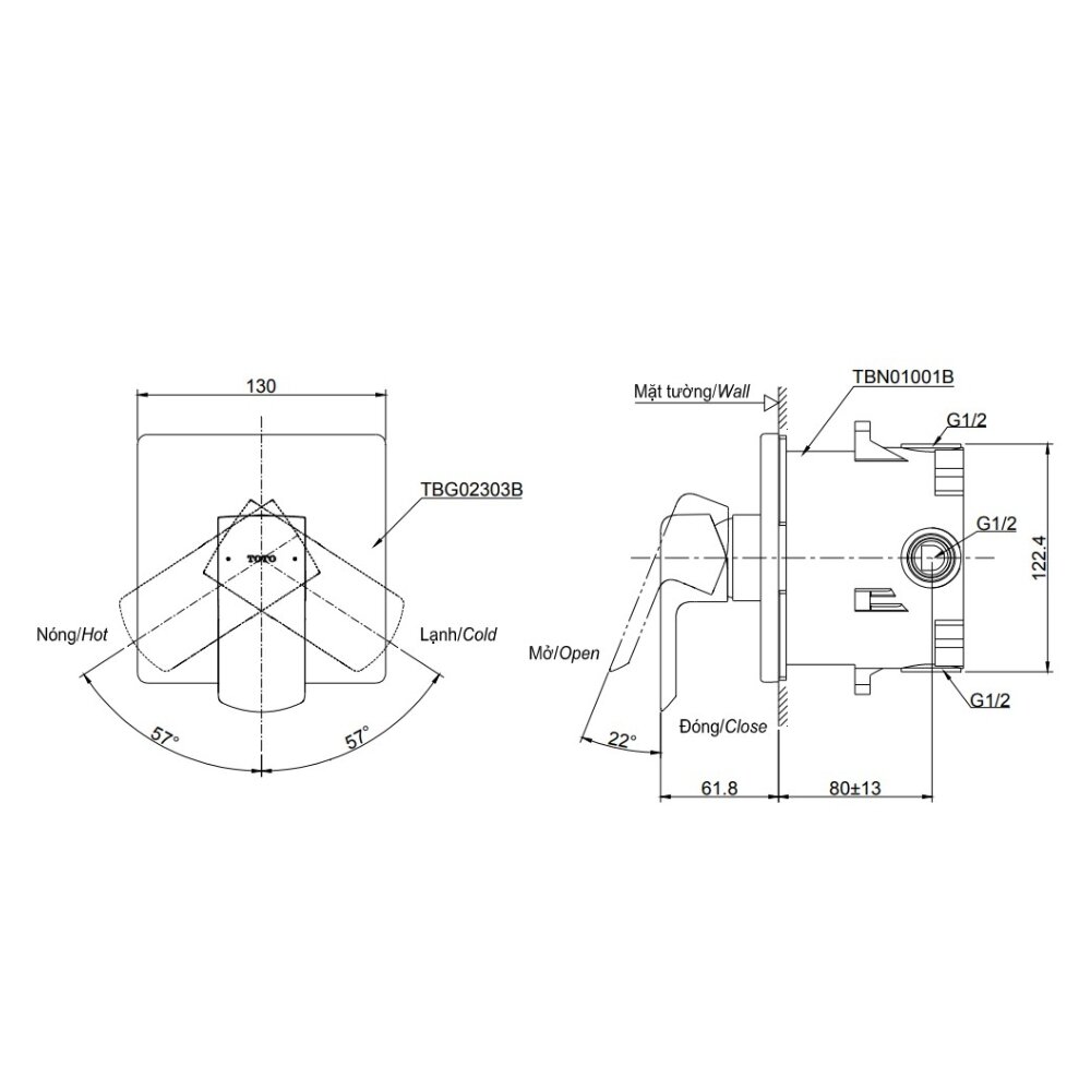 Bản vẽ kỹ thuật van gật gù điều chỉnh nóng lạnh TOTO TBG02303BA