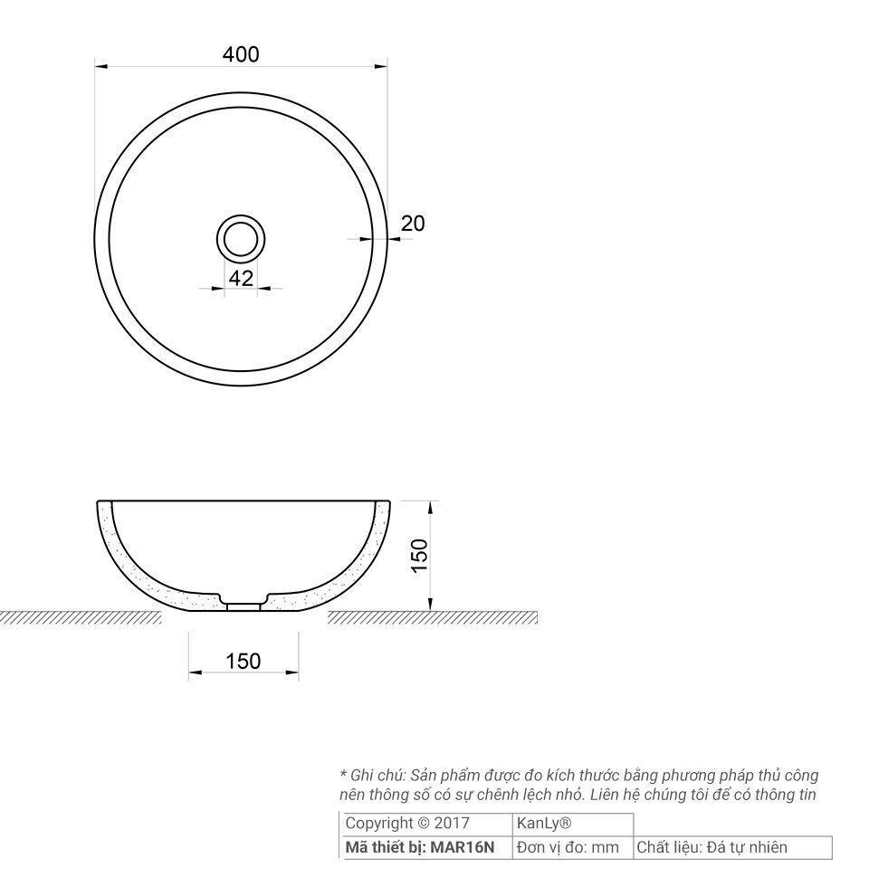 Bản vẽ kỹ thuật lavabo đá tự nhiên Kanly MAR16N